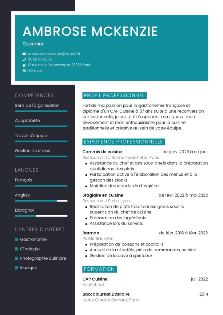 Modèle CV poste de cuisinier